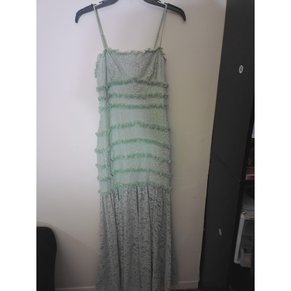 BHLDN Maxi Dress Womens XS Sage Green Lace Tiered Ruffle Romantic Ethereal Gown